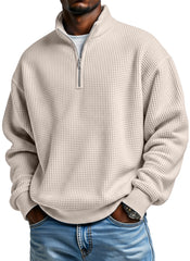 Men's Daily Loose And Simple Waffle Half-zip Stand Collar Long-sleeved Polo Shirt
