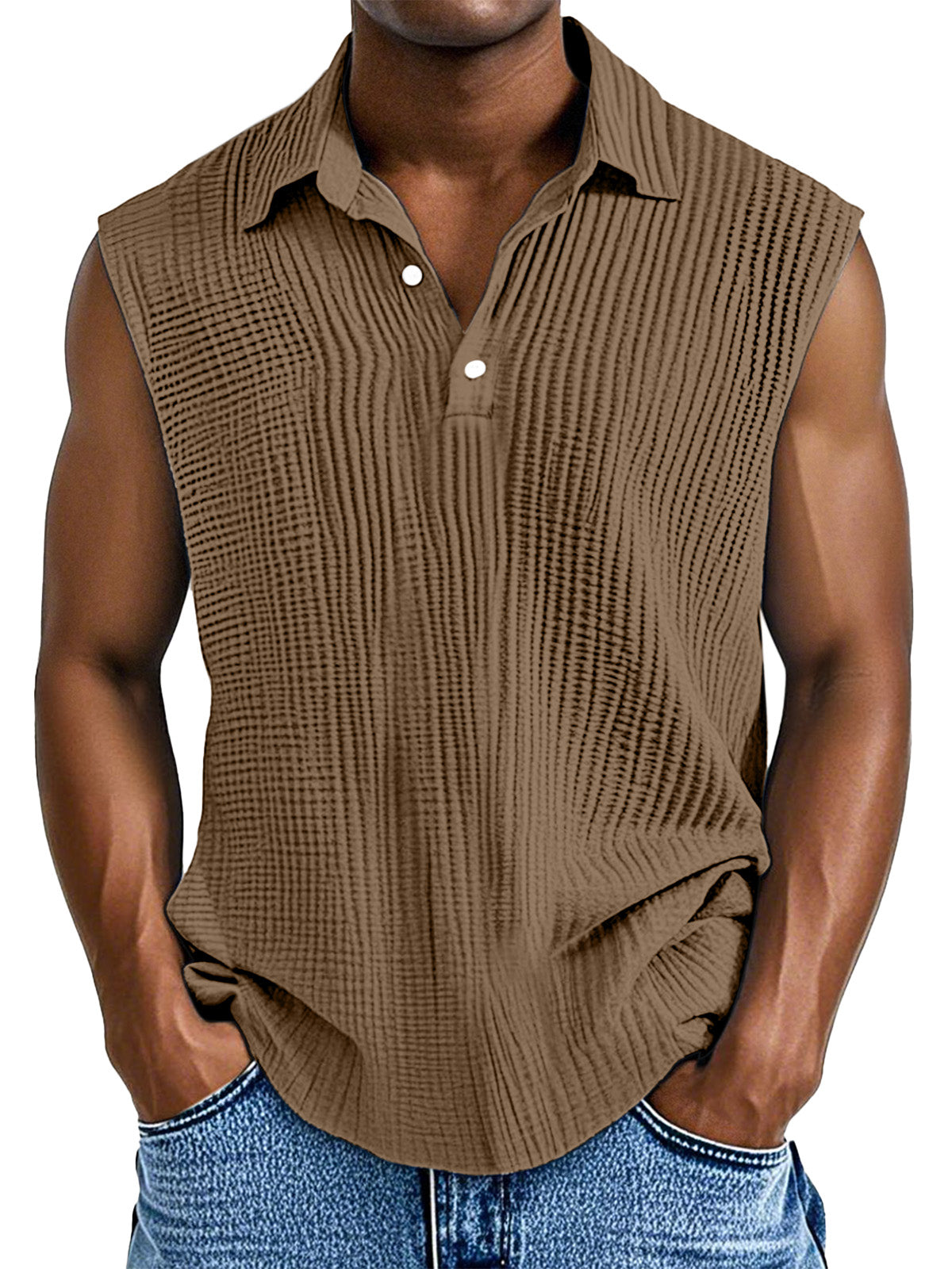 Men's Daily Casual Simple Pleated Texture Sleeveless Polo Shirt