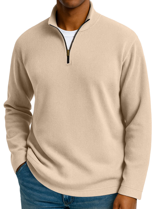 Men's Simple Solid Color Waffle Zipper Stand Collar Long-sleeved Polo Shirt