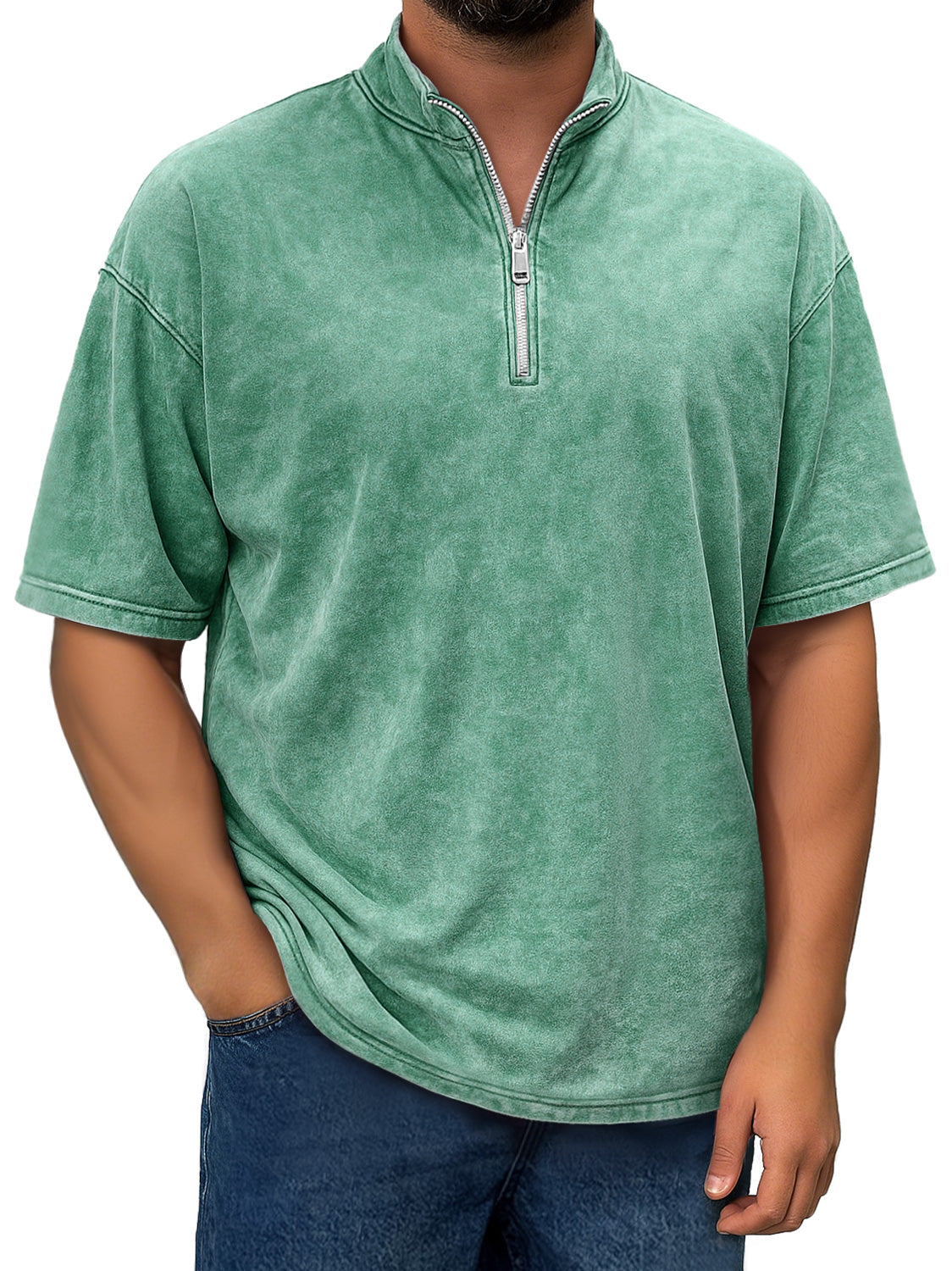 Men's Retro Stand Collar Zipper Casual Short Sleeve T-shirt