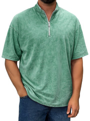 Men's Retro Stand Collar Zipper Casual Short Sleeve T-shirt