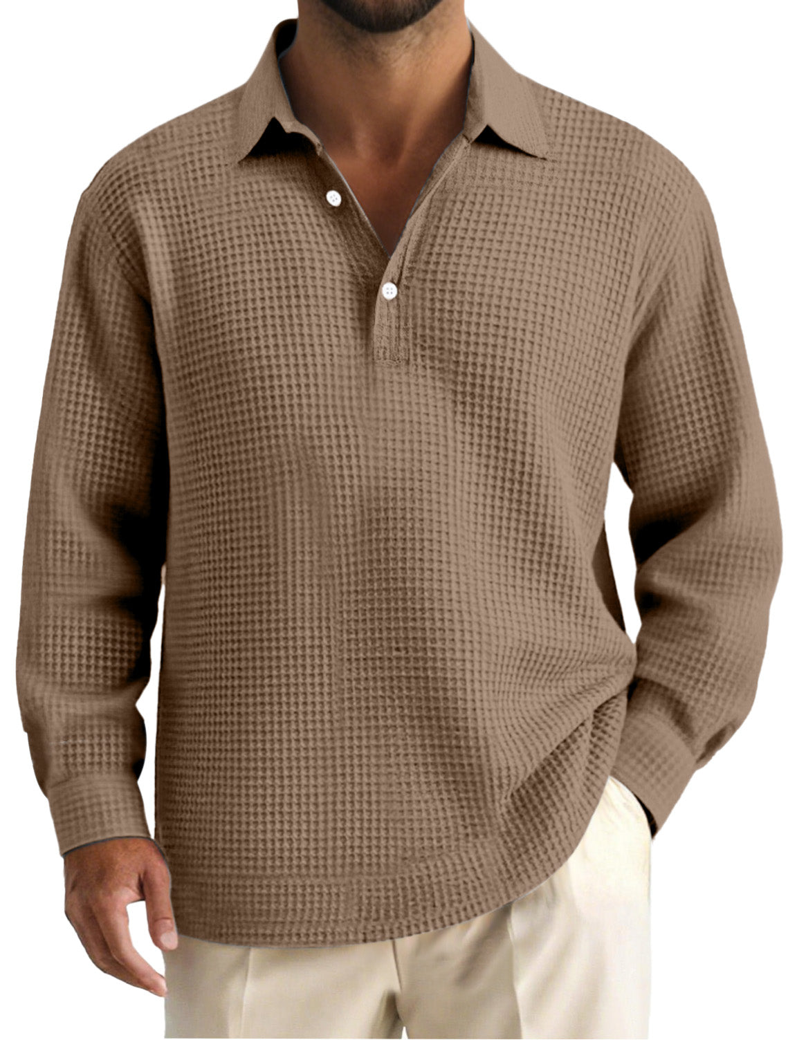 Men's Simple Solid Color Waffle Long Sleeve Polo Shirt