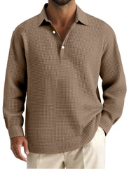 Men's Simple Solid Color Waffle Long Sleeve Polo Shirt