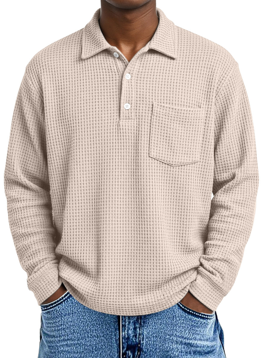 Men's Loose Simple Solid Color Waffle Long Sleeve Lapel Polo Shirt