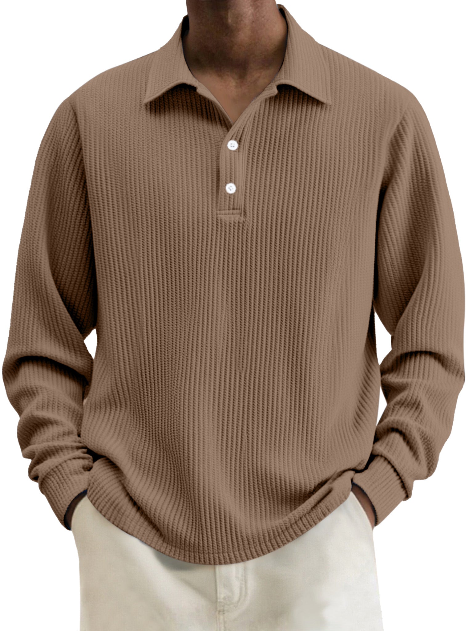 Men's Simple Solid Color Textured Lapel Long-sleeved Polo Shirt