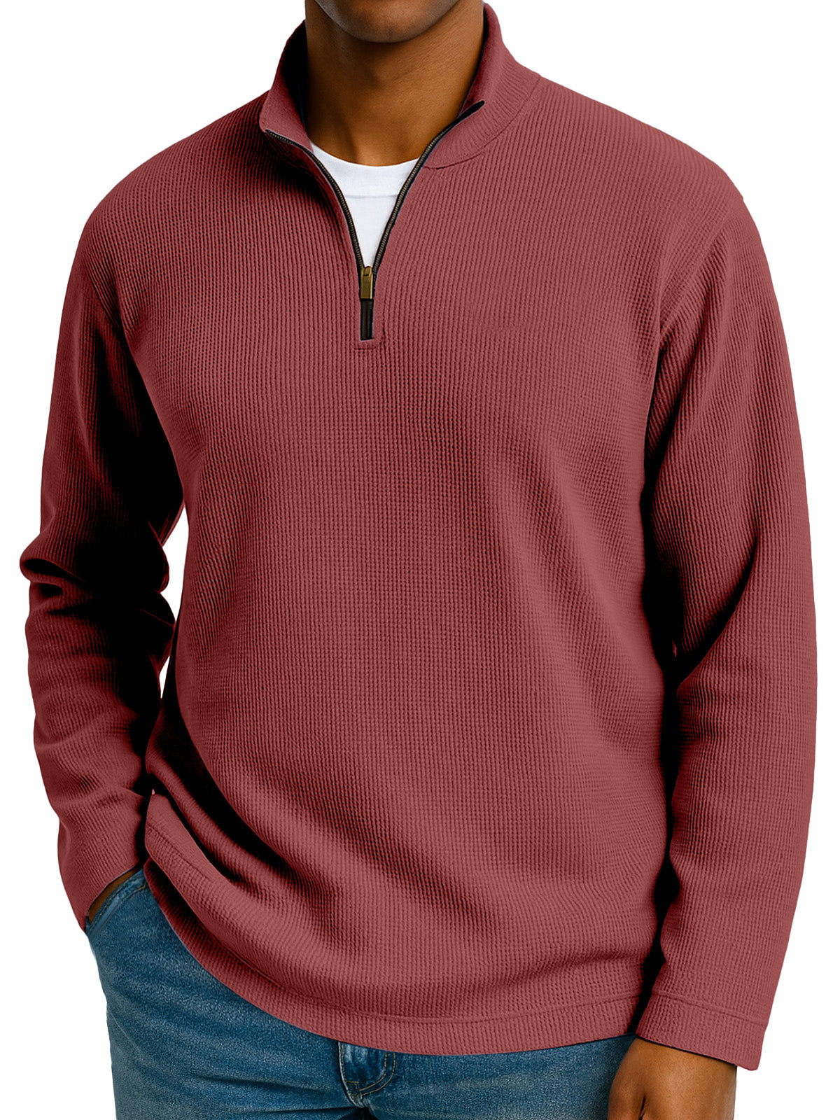 Men's Simple Solid Color Waffle Zipper Stand Collar Long-sleeved Polo Shirt