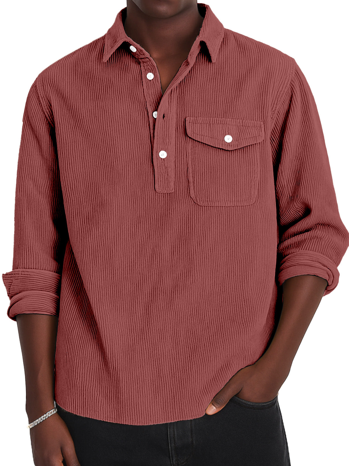 Men's Simple Solid Color Corduroy Lapel Long-sleeved Polo Shirt