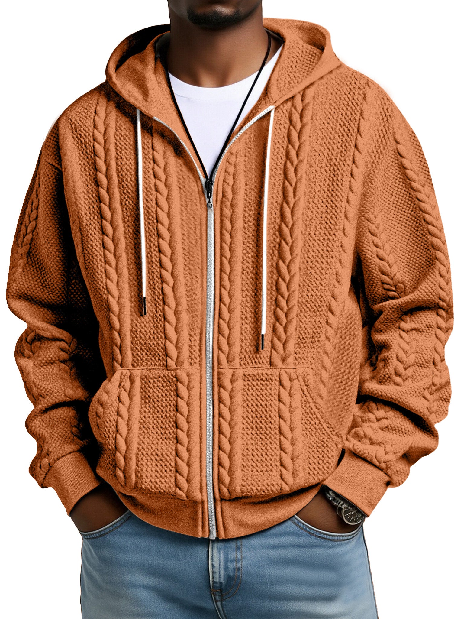 Fashionable Solid Color Twist Texture Hooded Zipper Sweatshirt Jacket