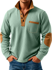 Men's Retro Texture Splicing Stand Collar Button Casual Long Sleeve POLO Shirt