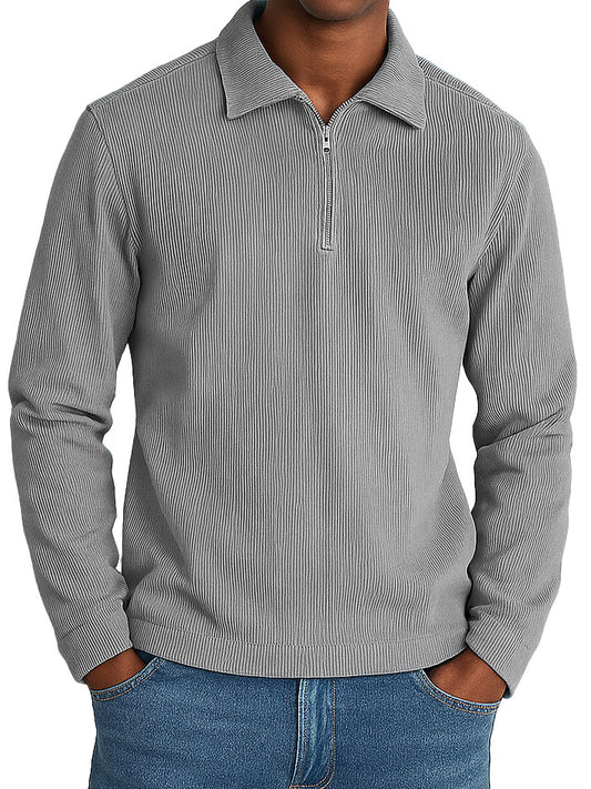 Men's Stylish Casual Retro Lapel Corduroy Ribbed Fabric Long-sleeved Zip-up Polo Shirt 