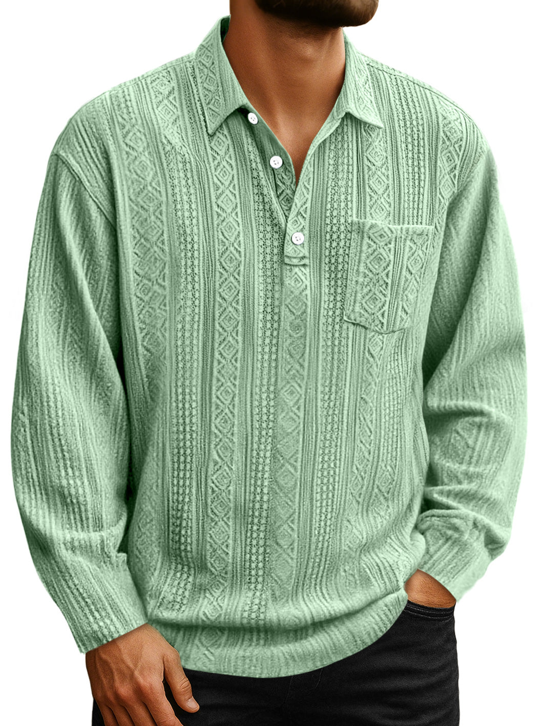 Men's Daily Jacquard Texture Lapel Button Casual Long-sleeved Polo Shirt