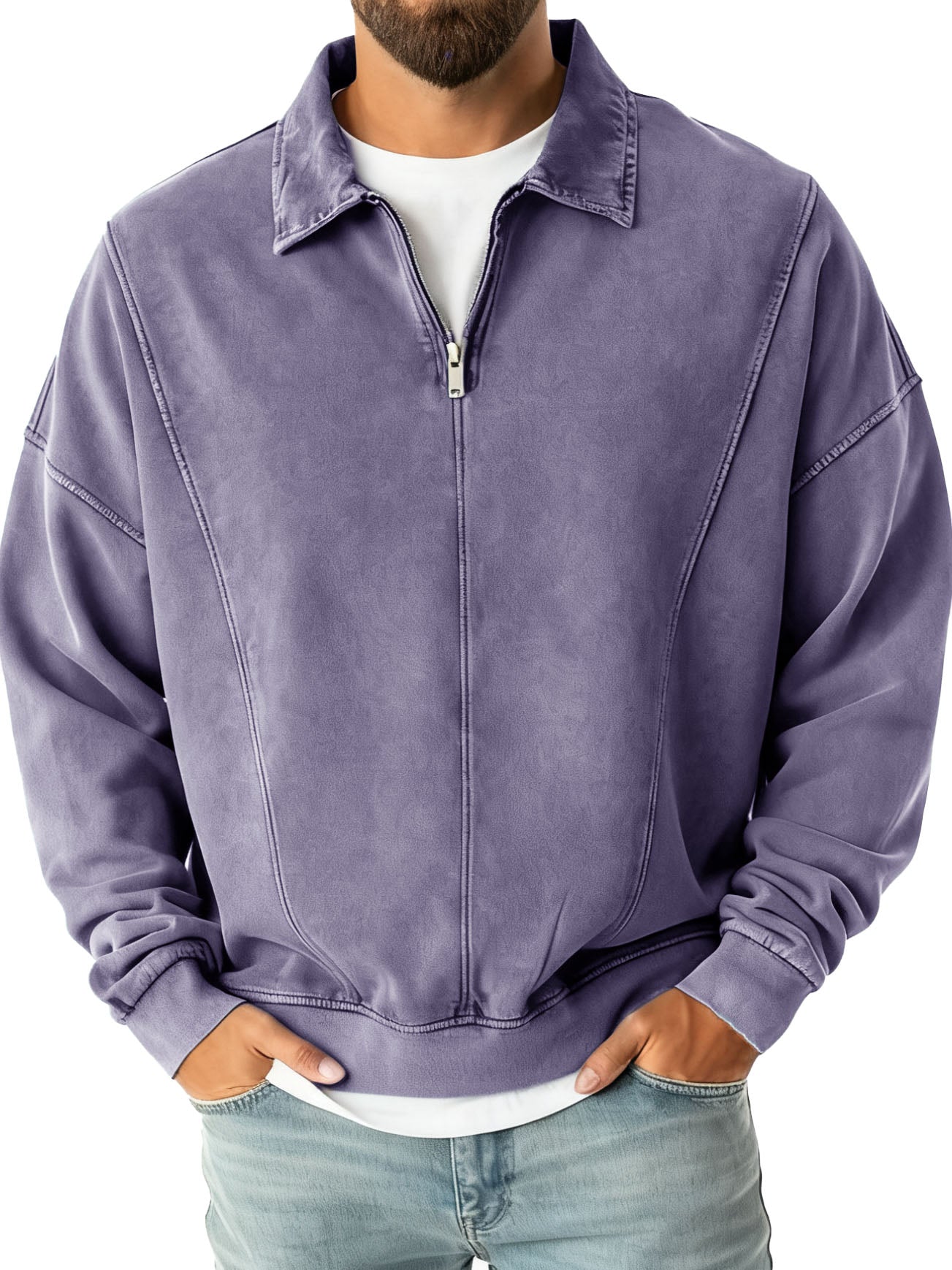 Men's Fashion Casual Stitching Lapel Zippered Polo Shirt