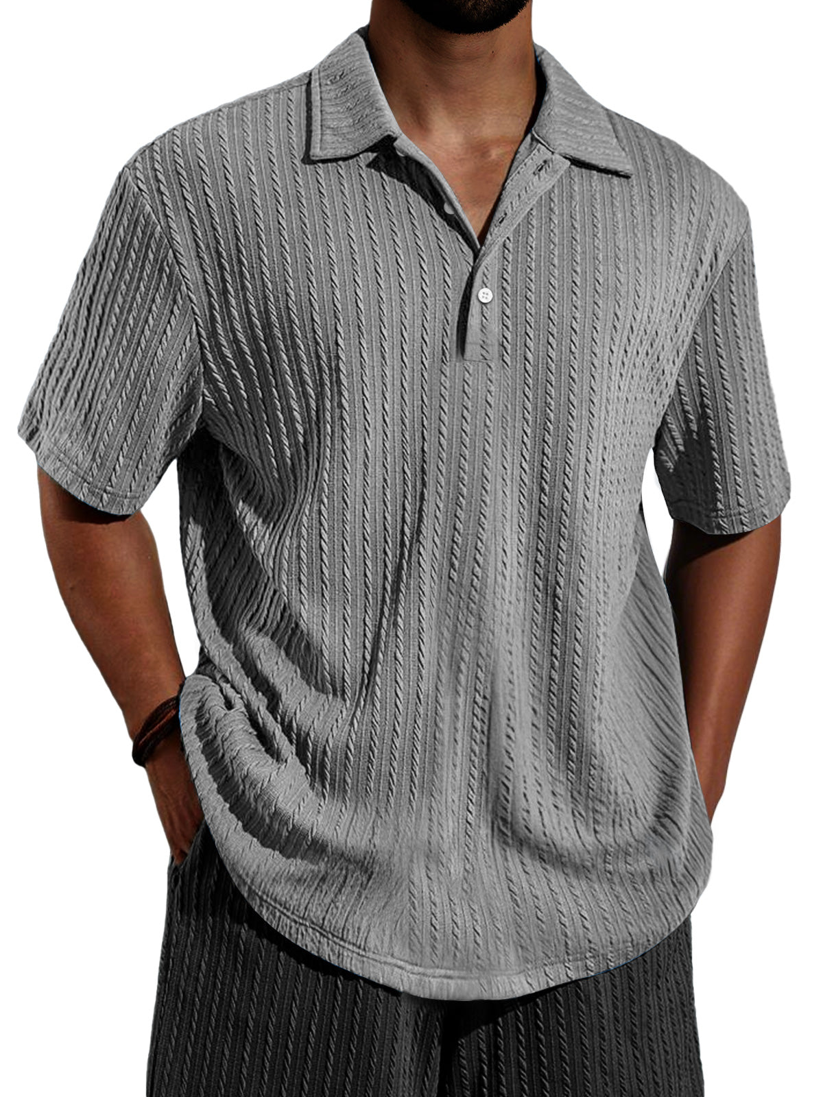 Men's Daily Jacquard Texture Casual Lapel Button Short-sleeved Polo Shirt