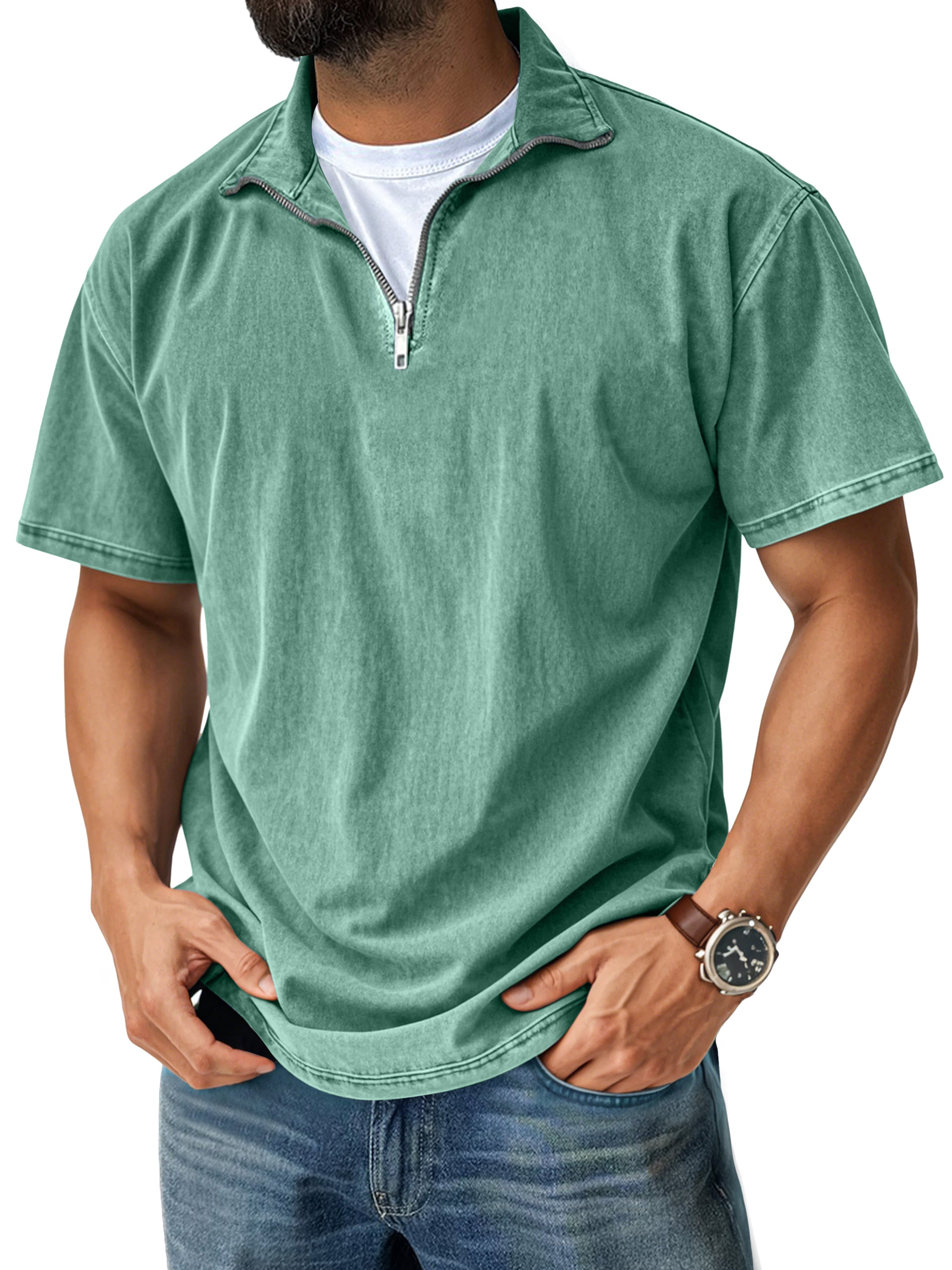 Men's Retro Casual Stand Collar Quarter-Zip Short Sleeve T-Shirt