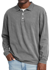 Men's Retro Lapel Button Solid Color Long Sleeve POLO Shirt