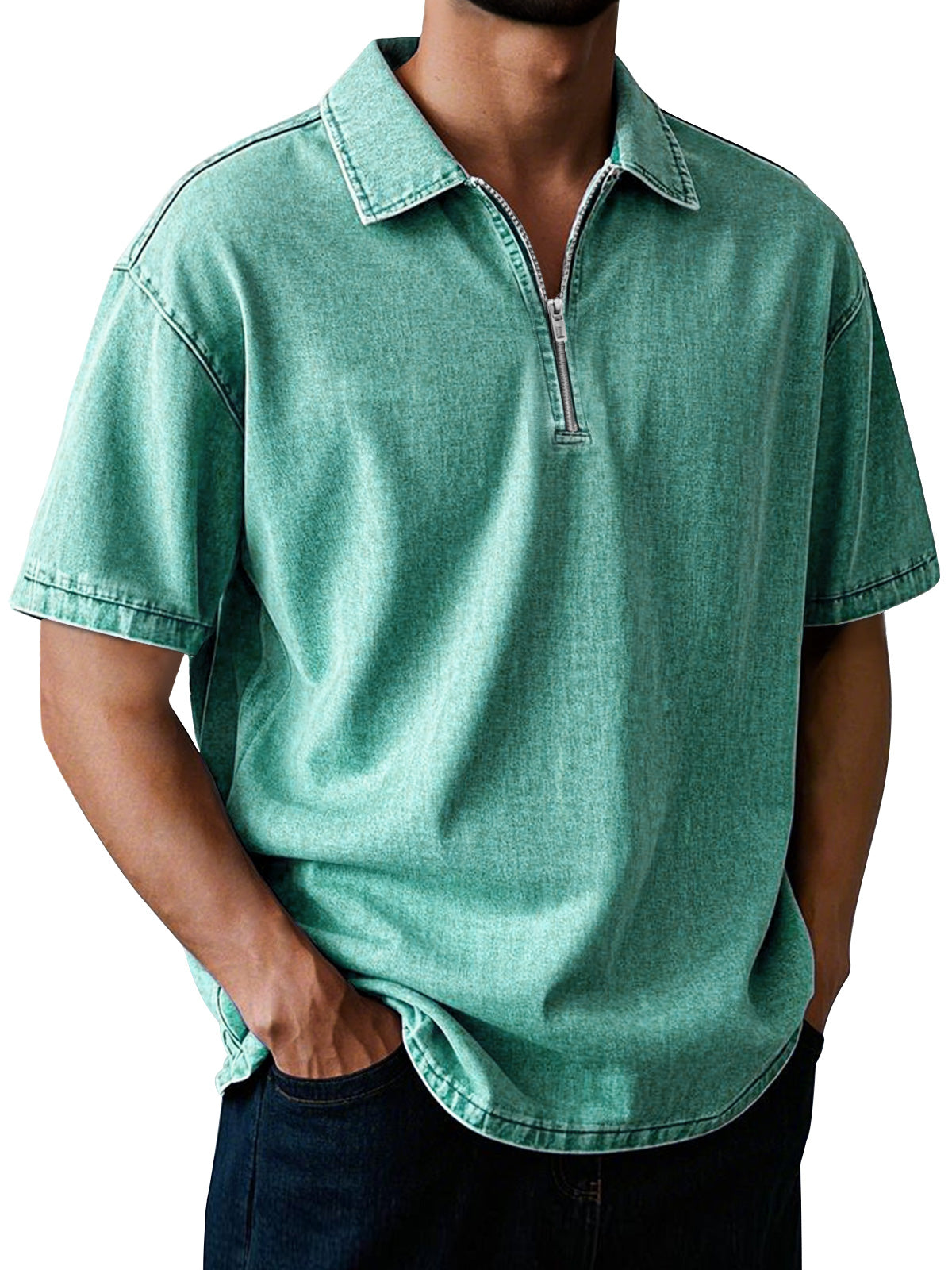 Men's Casual Retro Lapel Zipper Solid Color Short Sleeve POLO Shirt