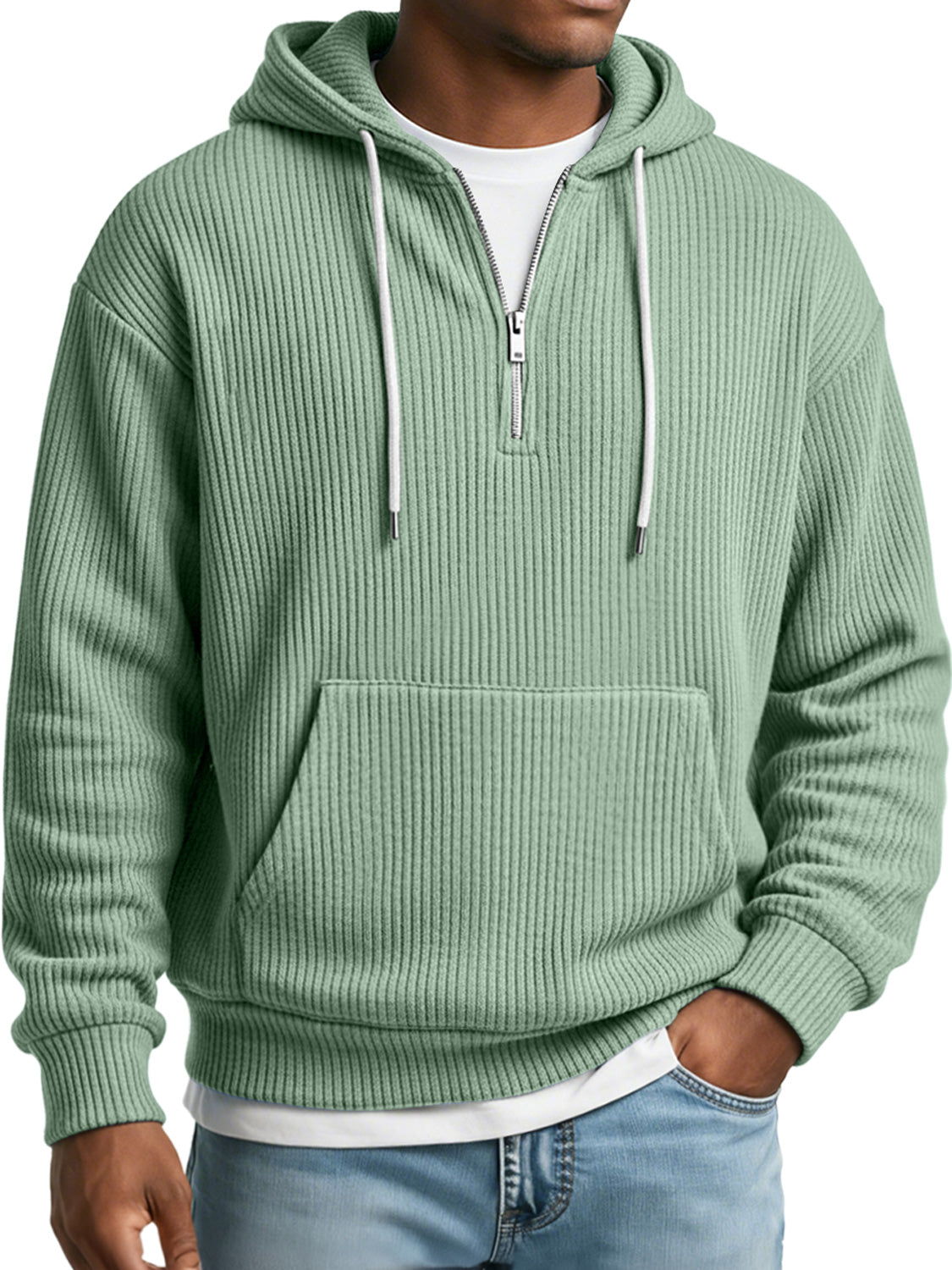 Men's Simple Ribbed Textured Hooded Zippered Casual Loose Sweatshirt