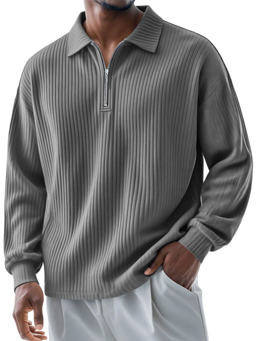 Men's Fashionable Ribbed Lapel Zipper Casual Long-sleeved Polo Shirt