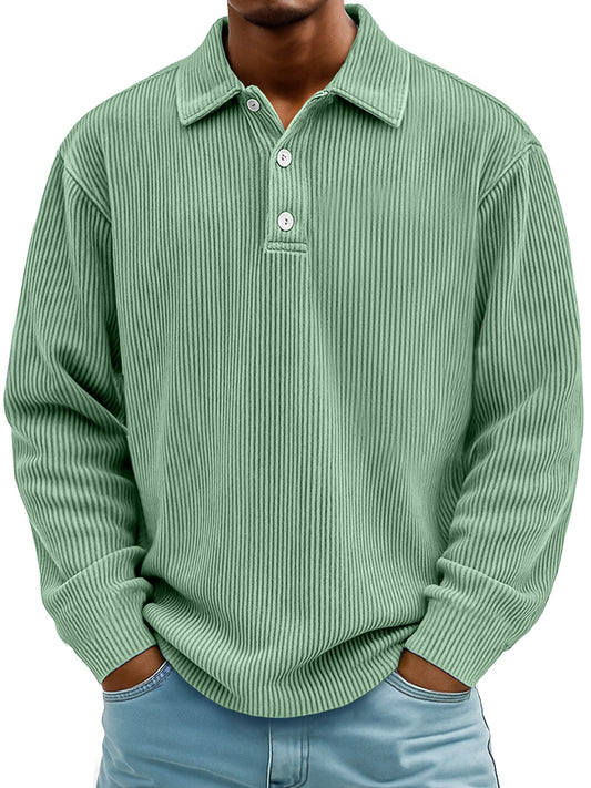 Men's Daily Casual Ribbed Lapel Button-down Loose Long-sleeved Polo Shirt