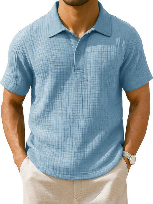  Men's Clothing Fashionable Casual Jacquard Pleated Fabric Lapel Short-sleeved Loose Polo Shirt 