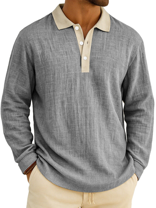 Men's Retro Everyday Colorblock Lapel Button Comfort Long Sleeve Polo Shirt