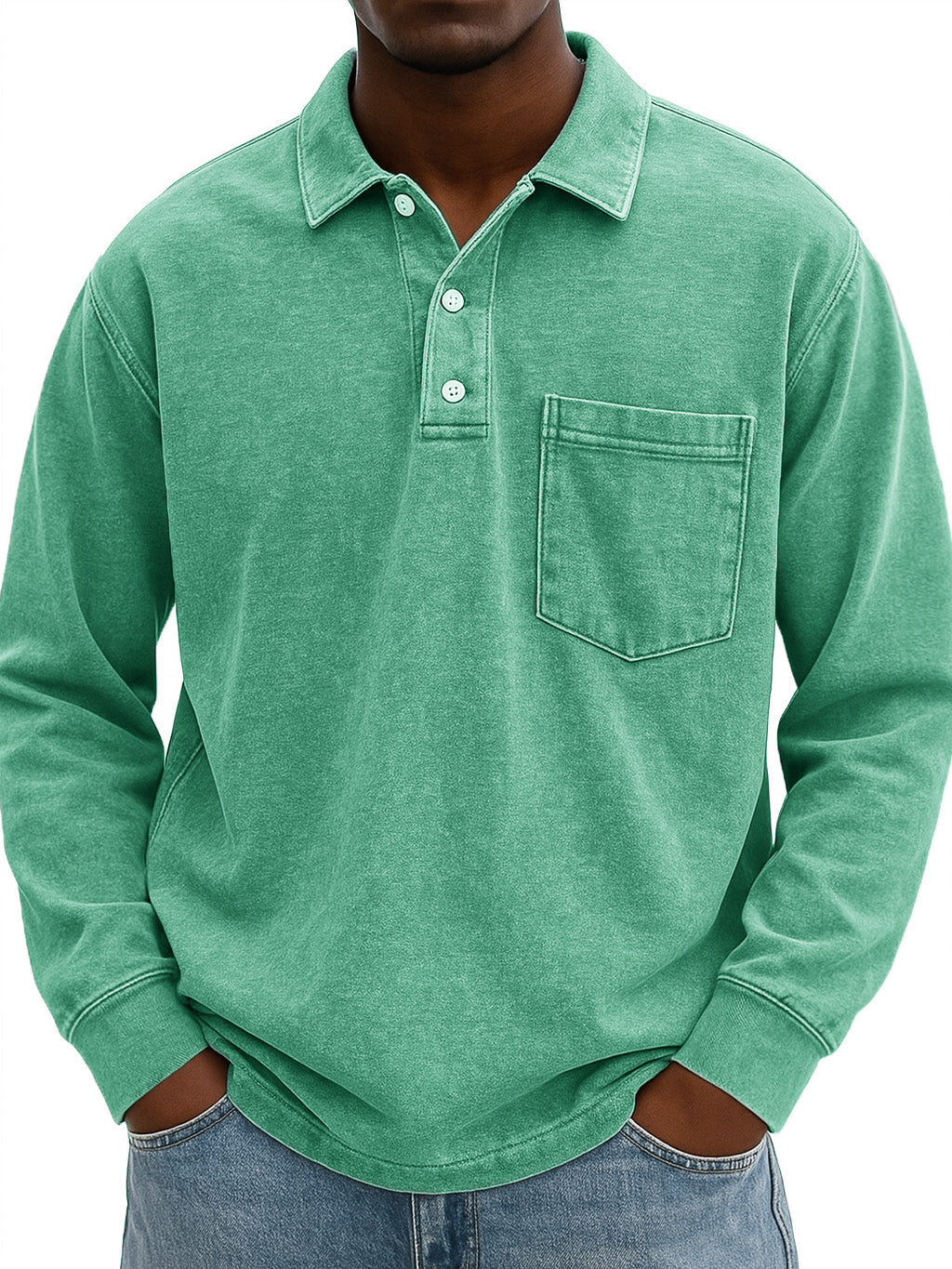 Men's Stylish Vintage Distressed Pocket Lapel Long-sleeved Polo Shirt 
