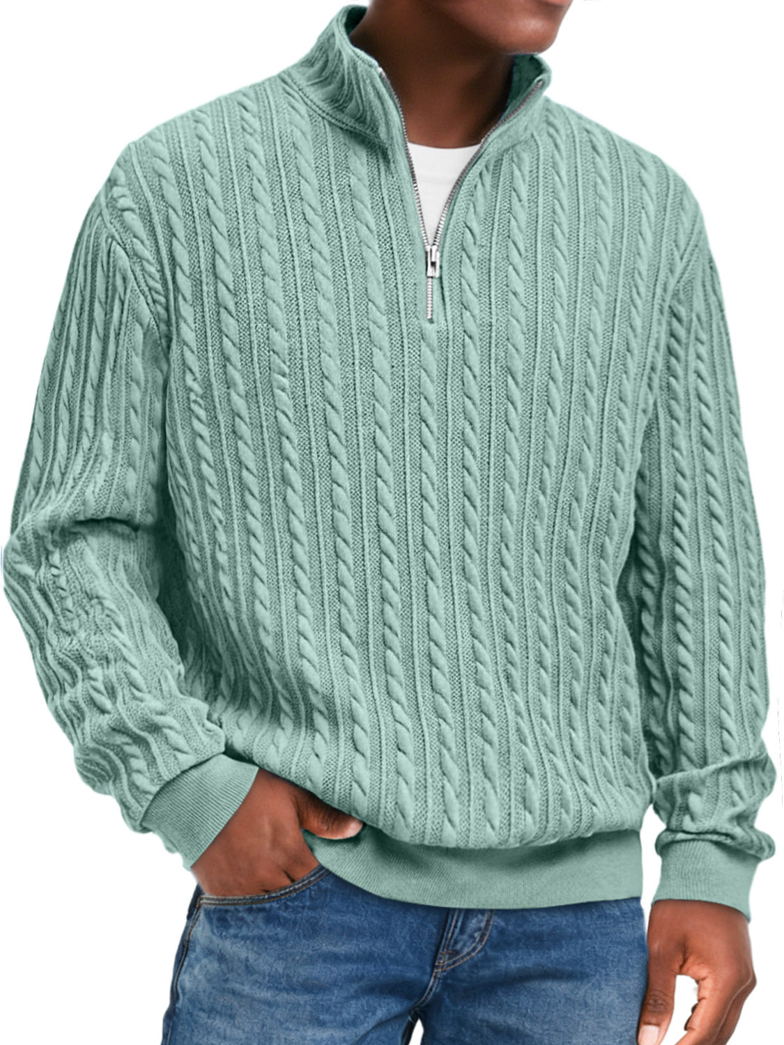 Men's Fashion Textured Stand Collar Zipper Casual Long Sleeve T-shirt