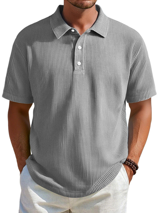 Men's Daily Ribbed Lapel Button Casual Solid Color Short-sleeved Polo Shirt