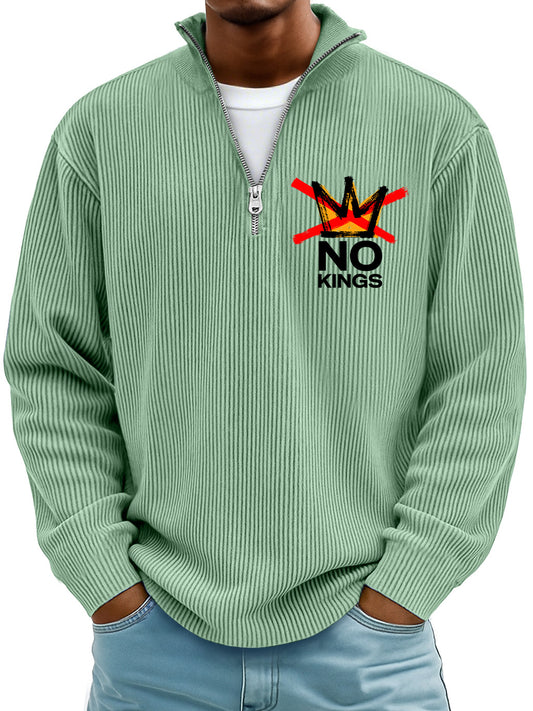 Men's Simple Ribbed No Kings Stand-up Collar Zipper Long-sleeved T-shirt