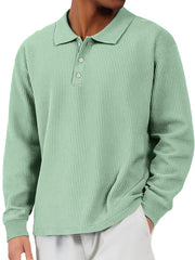 Men's Everyday Waffle Lapel Button-down Loose Casual Long-sleeved Polo Shirt