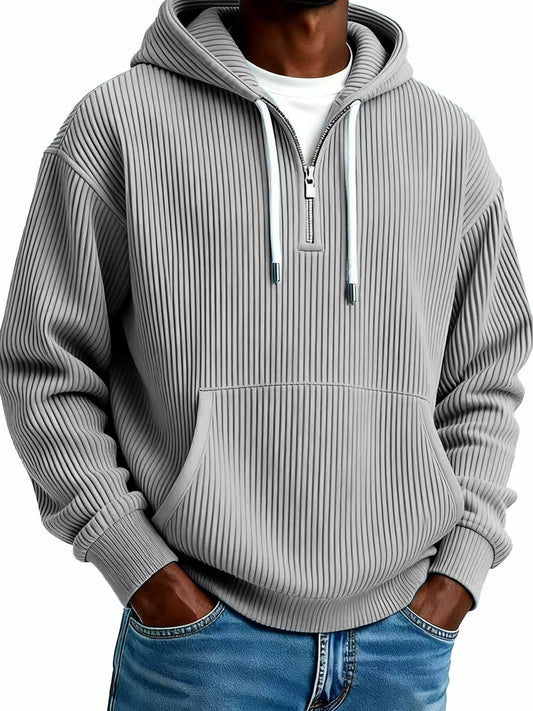 Men's Stylish Casual Ribbed Fabric Half-zip Pocket Hooded Sweatshirt