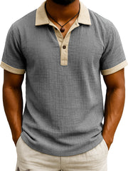  Men's Fashion Retro Hemp Fabric Patchwork Contrast Color Short-sleeved Polo Shirt 