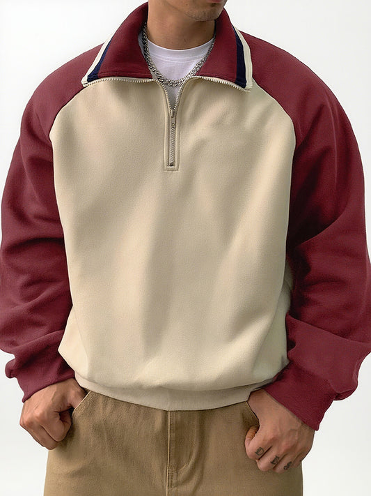 Men's Stylish Retro Patchwork Zippered Loose-fitting Long-sleeved Sweatshirt 