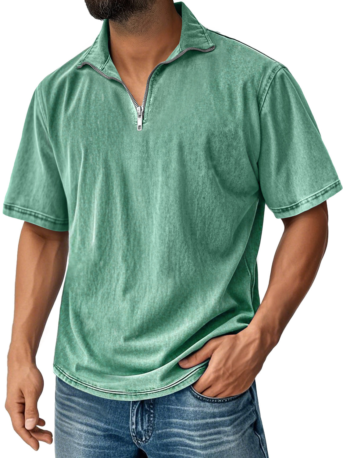 Men's Retro Stand Collar Zipper Casual Solid Color Short Sleeve T-shirt