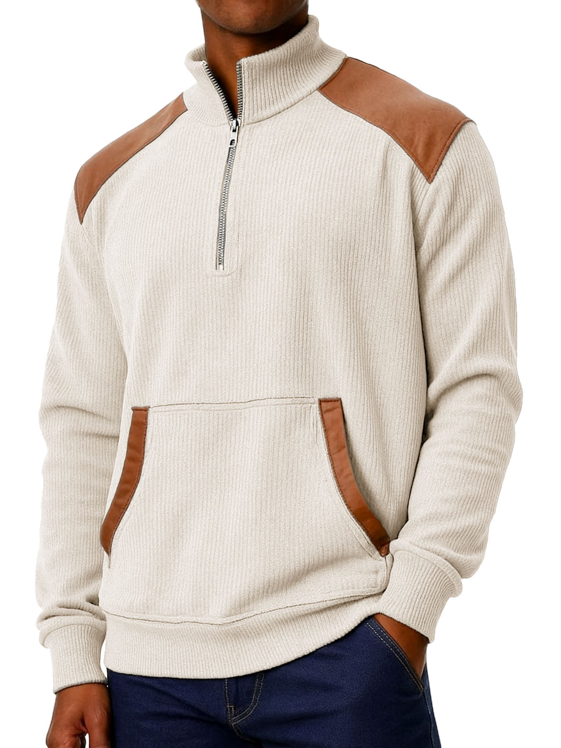 Men's Clothing Fashionable Casual Stitching Pit Strip Corduroy Fabric Pockets Stand Collar Zipper Sweatshirt 
