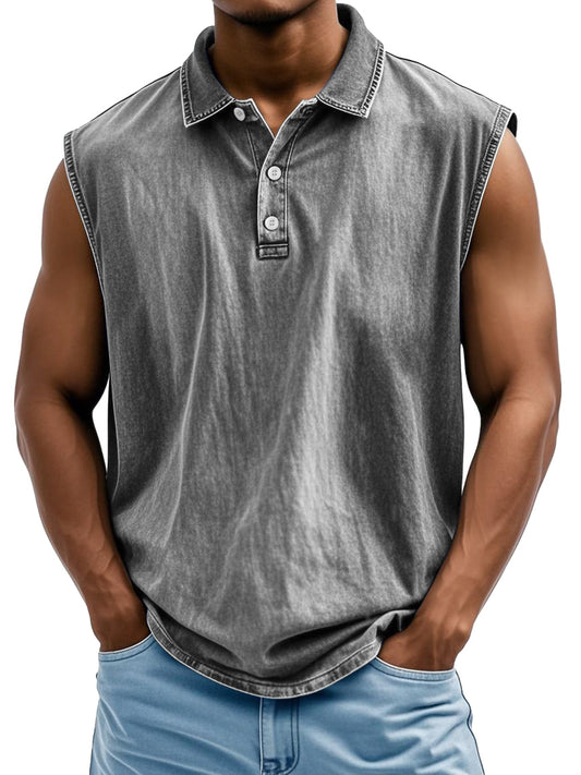 Men's Retro Casual Lapel Button Solid Color Loose Sleeveless POLO Shirt