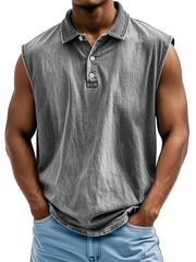 Men's Retro Casual Lapel Button Solid Color Loose Sleeveless POLO Shirt