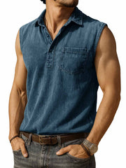 Men's Fashion Retro Distressed Pocket Lapel Sleeveless Polo Shirt 