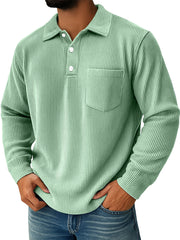 Men's Daily Ribbed Lapel Button-down Casual Pocket Long-sleeved Polo Shirt