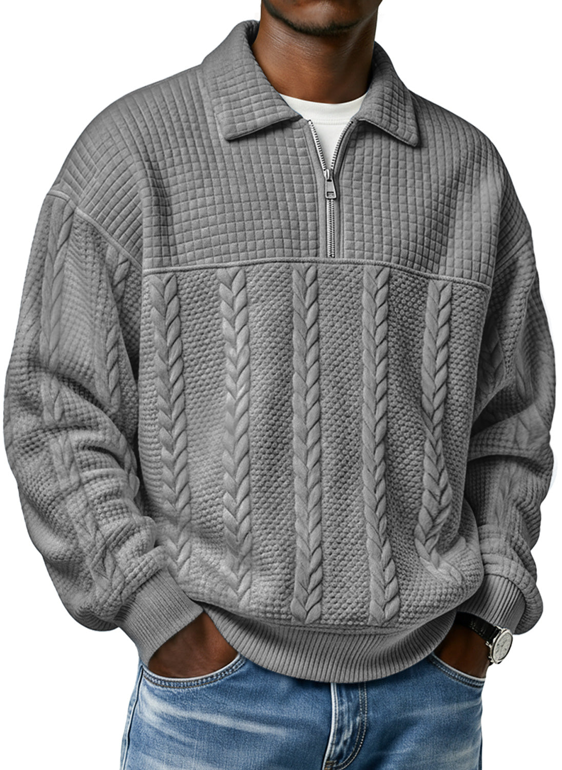 Men's Textured Lapel Zipper Casual Long Sleeve Polo Shirt