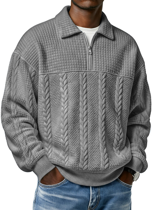 Men's Textured Lapel Zipper Casual Long Sleeve Polo Shirt