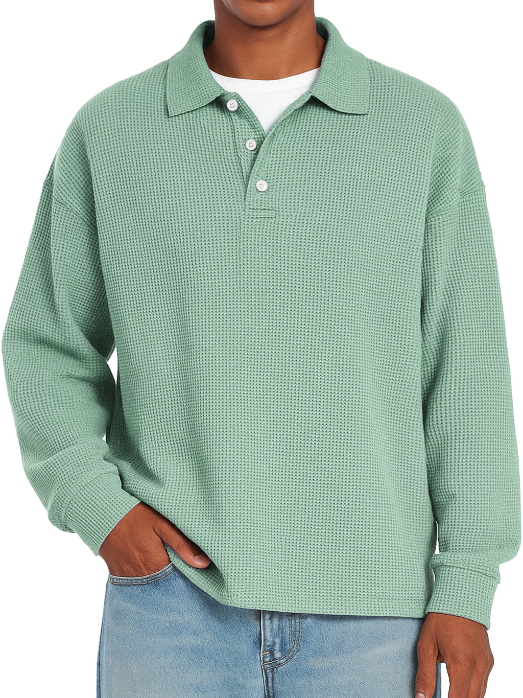 Men's Daily Waffle Casual Lapel Button Loose Long Sleeve Polo Shirt
