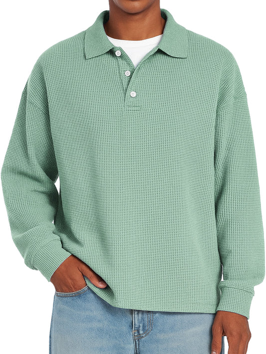 Men's Daily Waffle Casual Lapel Button Loose Long Sleeve Polo Shirt