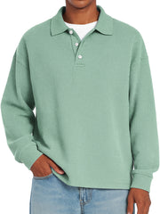 Men's Daily Waffle Casual Lapel Button Loose Long Sleeve Polo Shirt