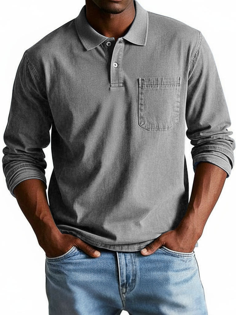 Men's Trendy Retro Lapel Long-sleeved Pocket Polo Shirt 
