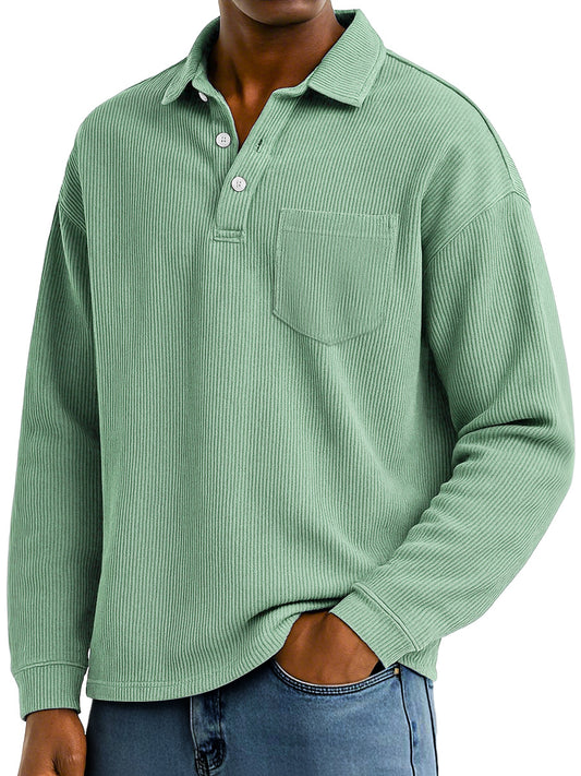 Men's Daily Ribbed Lapel Button-down Casual Pocket Polo Shirt