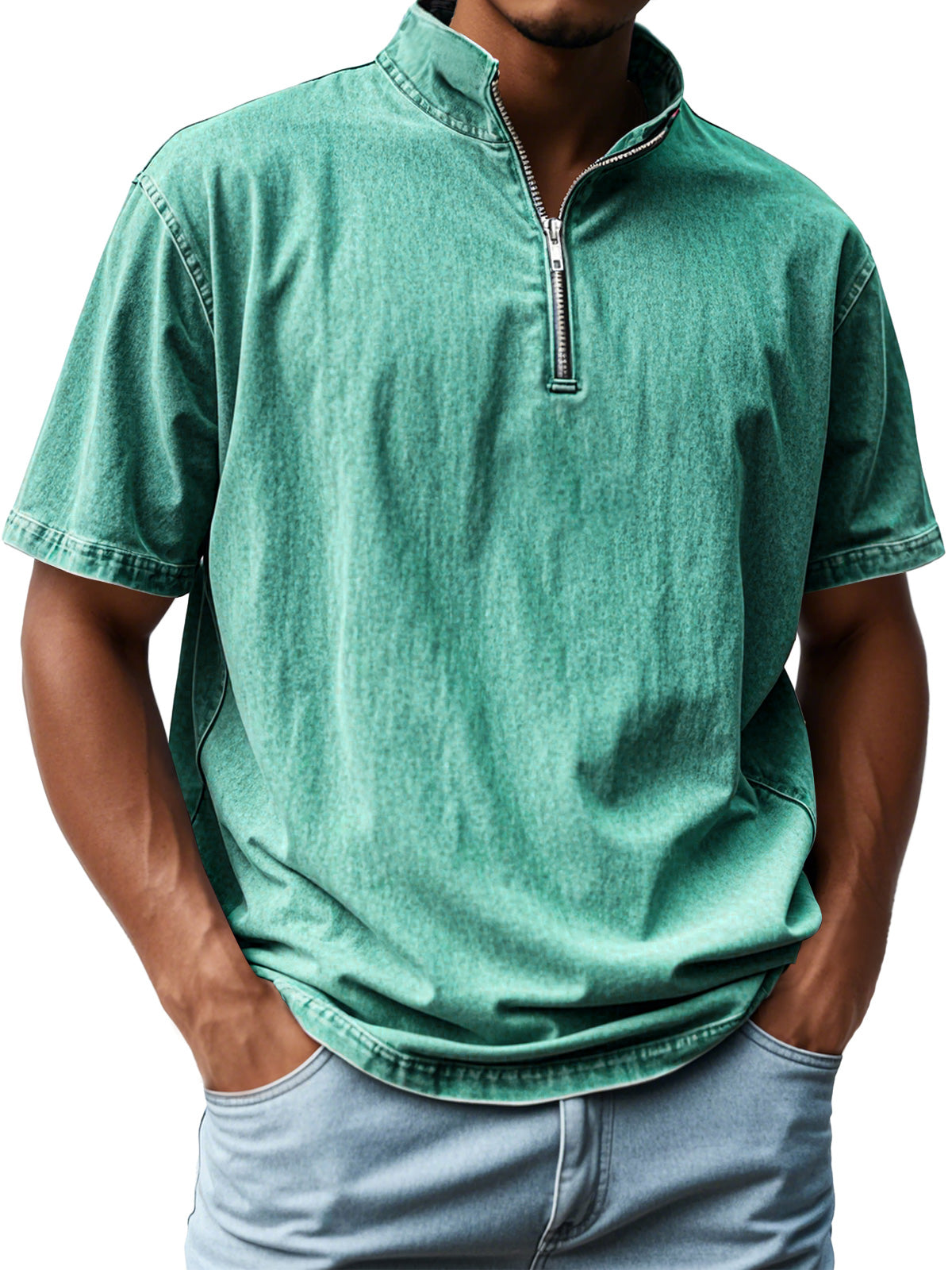 Men's Retro Stand Collar Zipper Casual Short Sleeve T-Shirt