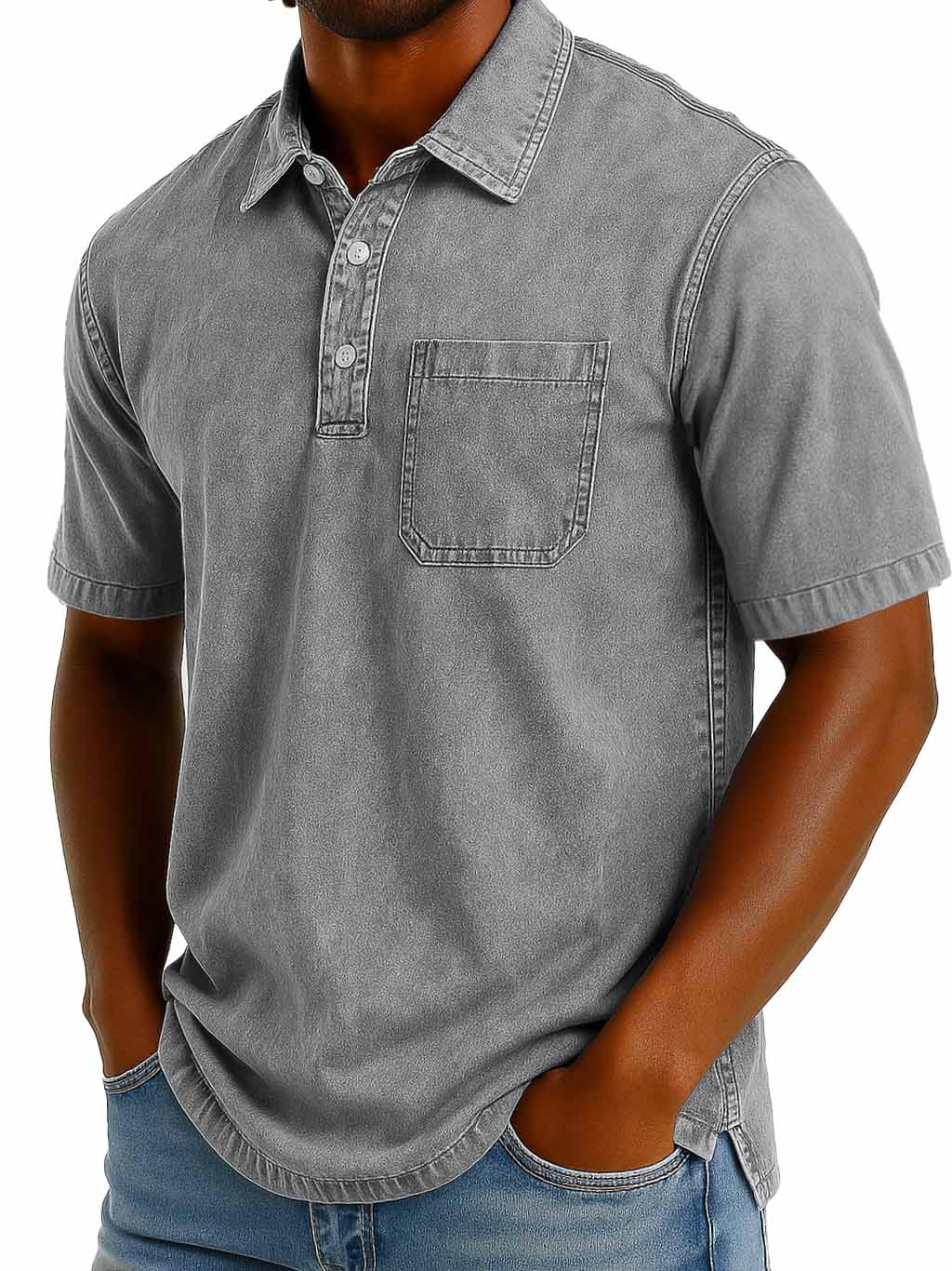 Men's Fashion Casual Retro Washed Short-sleeved Lapel Pocket Polo Shirt 