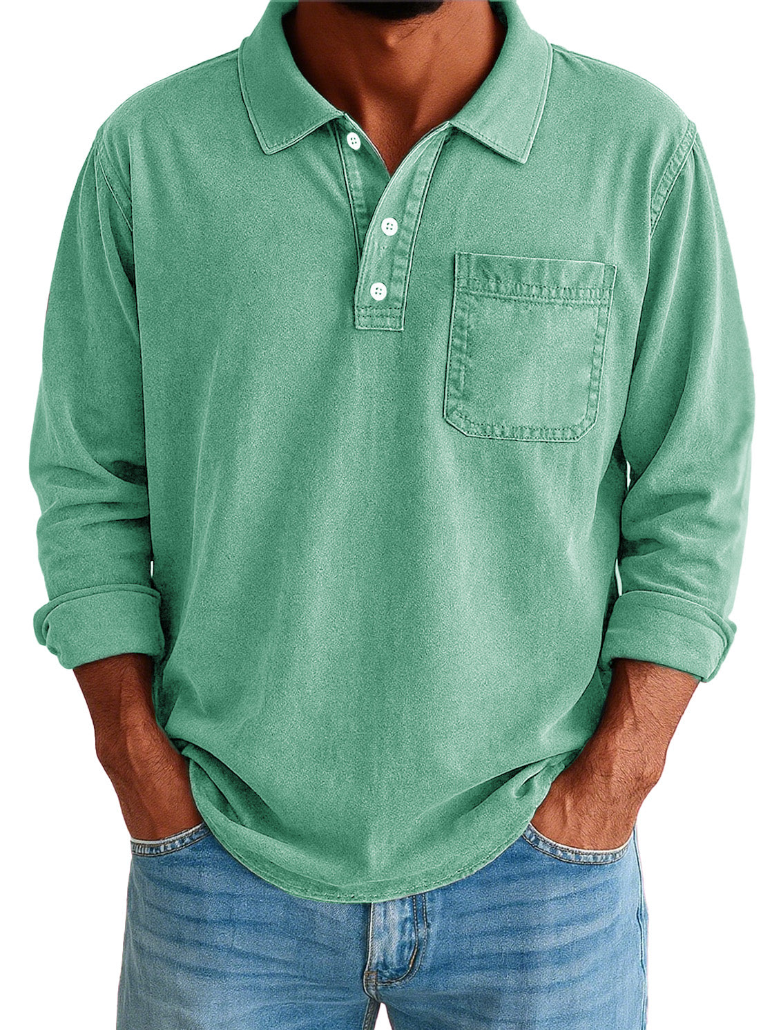 Men's Stylish Vintage Washed And Distressed Lapel Long-sleeved Polo Shirt With Pockets 