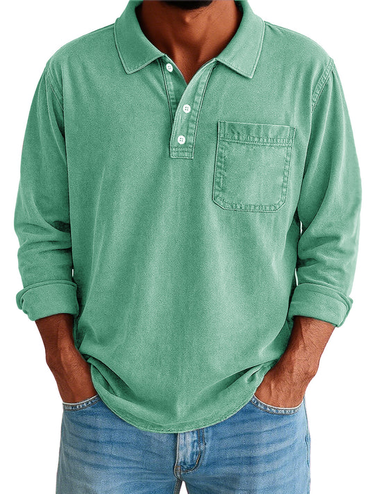 Men's Stylish Vintage Washed And Distressed Lapel Long-sleeved Polo Shirt With Pockets 